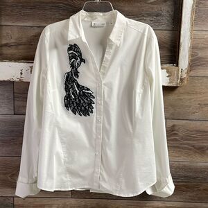 7th AVENUE DESIGN STUDIO  White Tailored Blouse Black Lace Phoenix Bird SZ Large